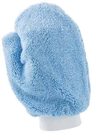 A plush microfiber blue cleaning mitt is shown with no background.