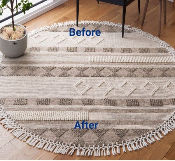 ask cindy shop, image of a rug before and after the unique fringe brush has been used on it