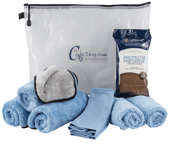 large cleaning kit with towels and mesh pouch