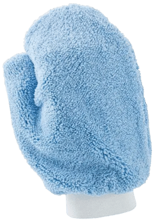 A plush microfiber blue cleaning mitt is shown with no background.